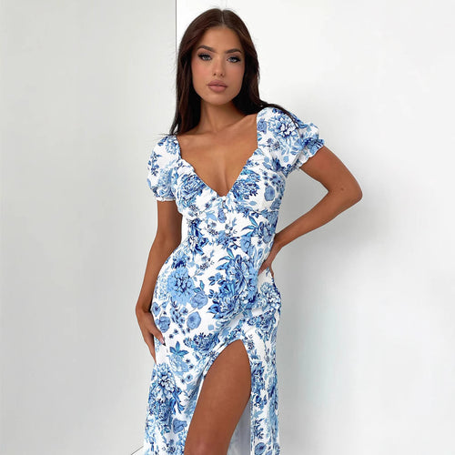 Damen Sommerliches Maxi-Kleid mit floralem Muster und elegantem Schlitz R&B