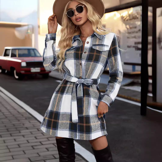 Damen Karo-Kleid mit Taillengürtel und Knopfdetails R&B