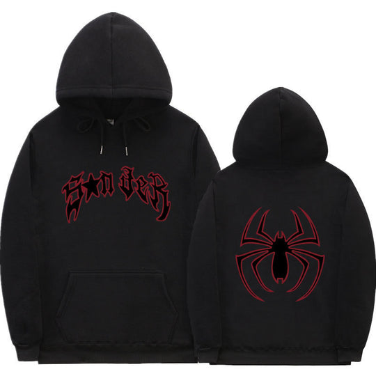 Damen Kapuzenpullover mit auffälligem Spinnenmotiv und grobem Schriftzug R&B