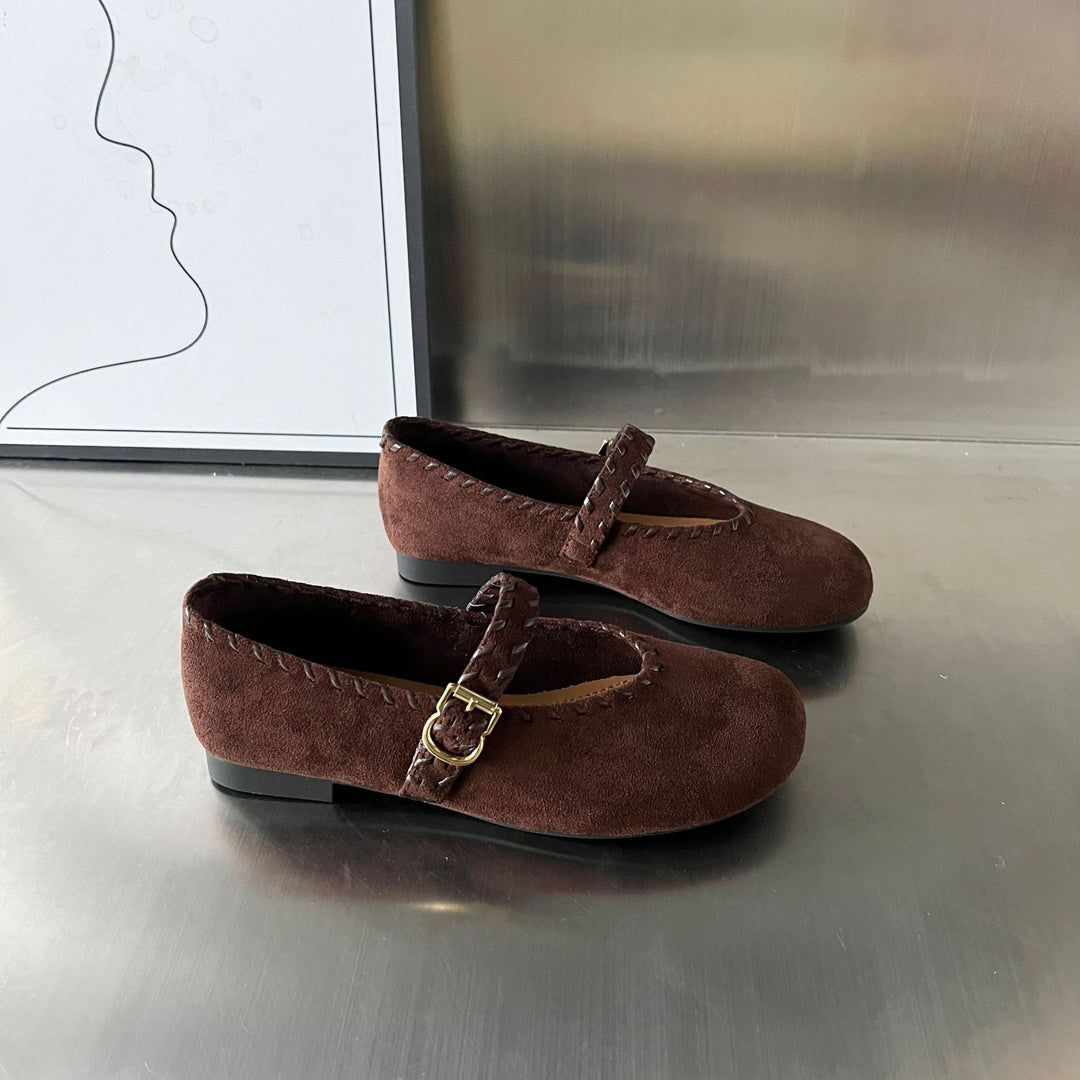 Damen elegante Ballerinas mit geflochtenem Riemen und hochwertiger Veloursoberfläche R&B