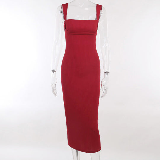 Damen figurbetontes Midi-Kleid mit quadratischem Ausschnitt und feinen Rippdetails R&B