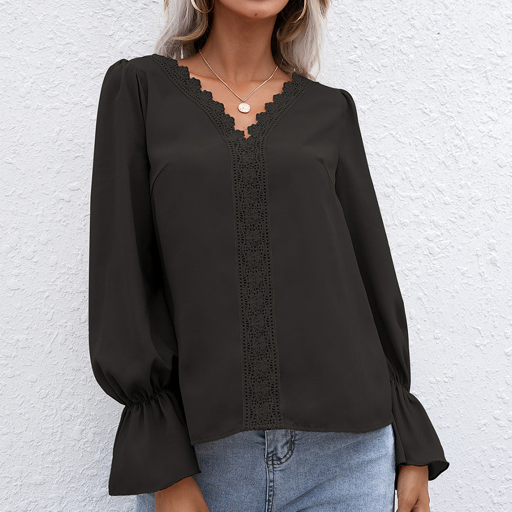 Damen elegante Bluse mit Spitzendetails und Volantärmeln R&B