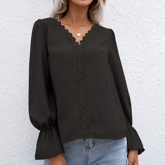 Damen elegante Bluse mit Spitzendetails und Volantärmeln R&B
