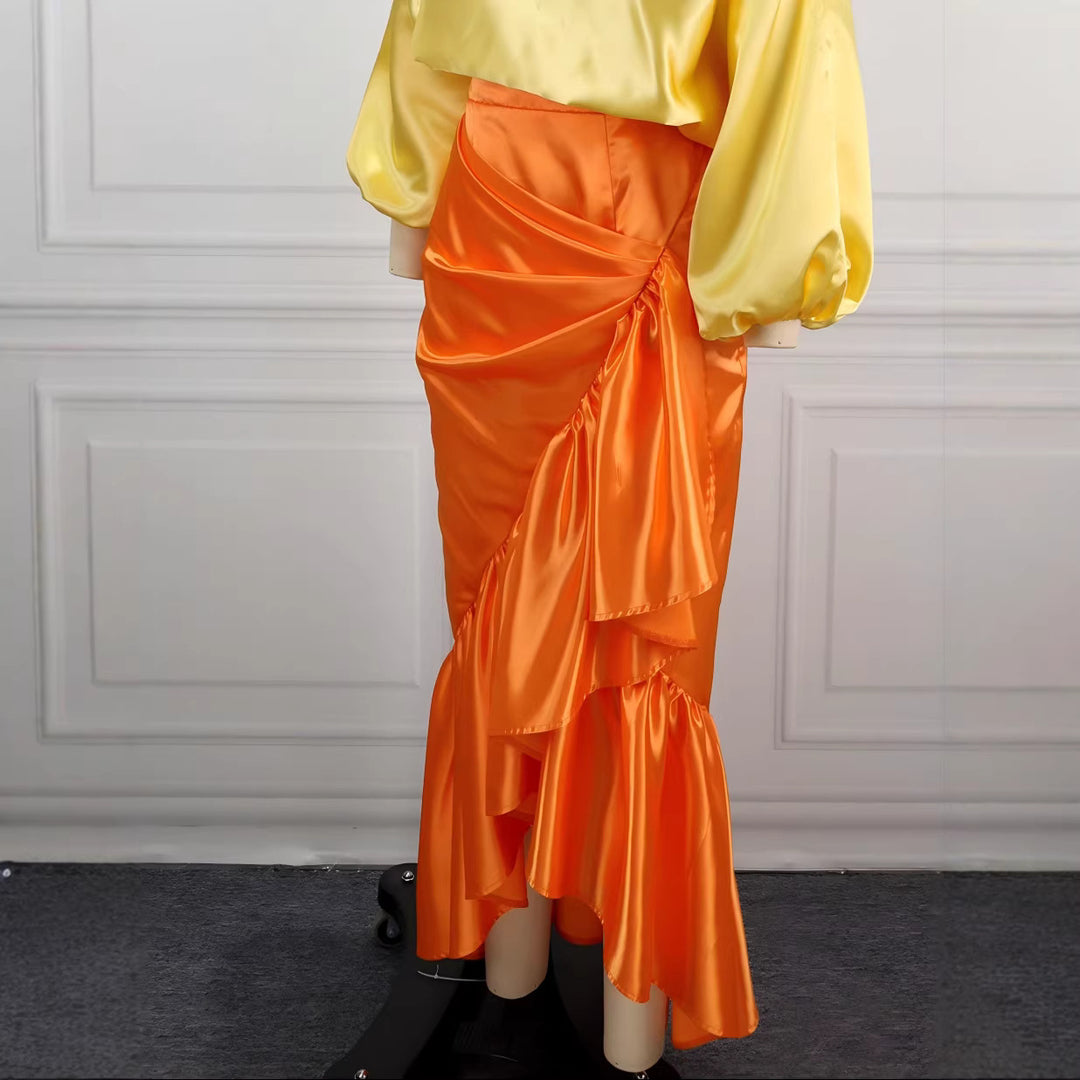 Damen Eleganter Satinrock mit asymmetrischem Design und voluminösem Rüschenabschluss R&B