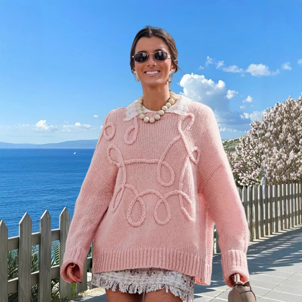 Damen Modischer Strickpullover mit strukturiertem Zopfmuster und lockerer Passform R&B