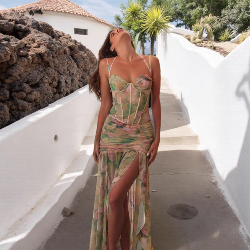 Damen Maxi-Kleid mit verführerischem Schlitz und elegantem Rüschendesign R&B