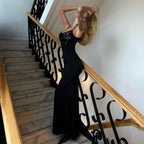 Damen Elegantes Langarm-Maxikleid mit filigraner Spitzenapplikation R&B