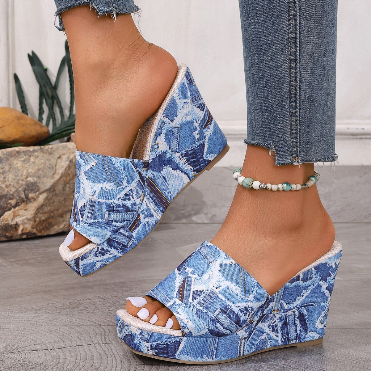 Damen Wedge-Sandalen mit Denim-Obermaterial und atmungsaktiver Sohle R&B