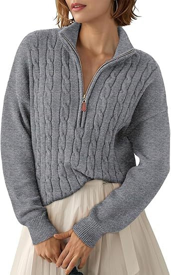 Damen Grobstrick Pullover mit Stehkragen und halbem Reißverschluss R&B