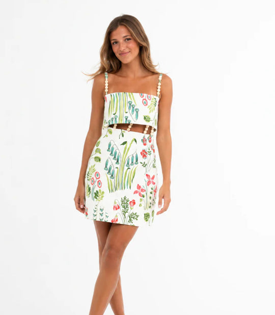 Damen nan zweiteiliges Sommer-Set mit Perlen-Trägern Bandeau-Oberteil und tailliertem Minirock mit Taillenausschnitt R&B