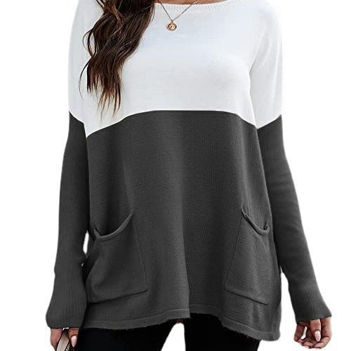Damen Strickpullover mit großen Fronttaschen und kontrastiertem Design R&B