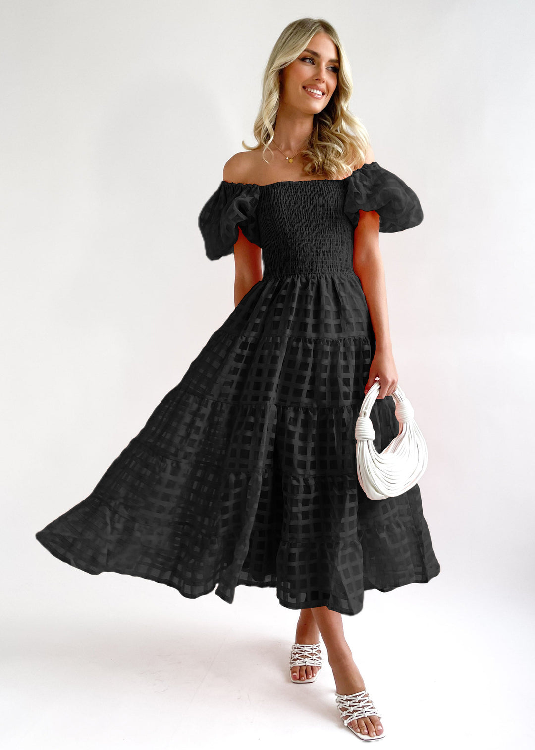 Damen Sommerliches Maxikleid mit voluminösen Puffärmeln und elastischem Taillenbereich R&B