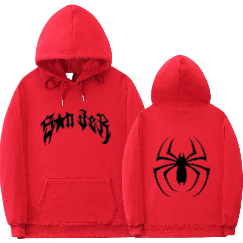 Damen Kapuzenpullover mit auffälligem Spinnenmotiv und grobem Schriftzug R&B