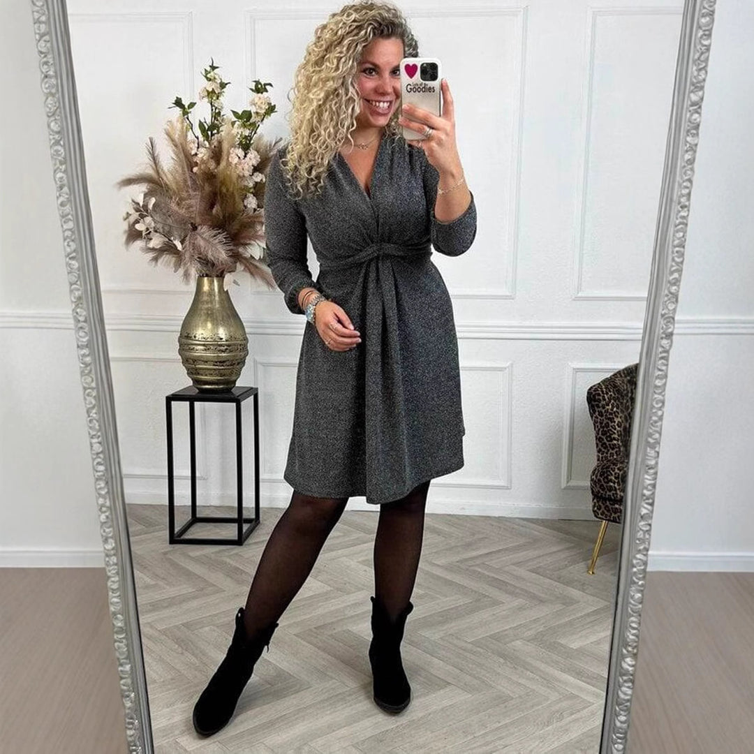 Damen nan knielanges V-Ausschnitt-Kleid mit geraffter Taillenpasse aus leichtem Glanzstrick R&B
