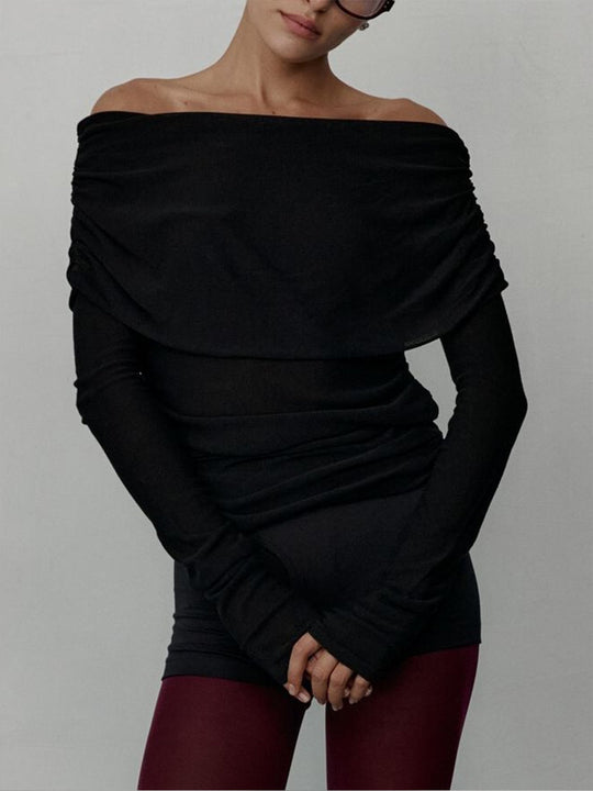 Damen Elegantes Off-Shoulder Oberteil mit geschmeidiger Textur und ausgestellten Ärmeln R&B