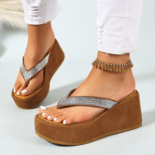 Damen Wedge-Pantoletten mit glitzernden Riemen und bequemer Sohle R&B