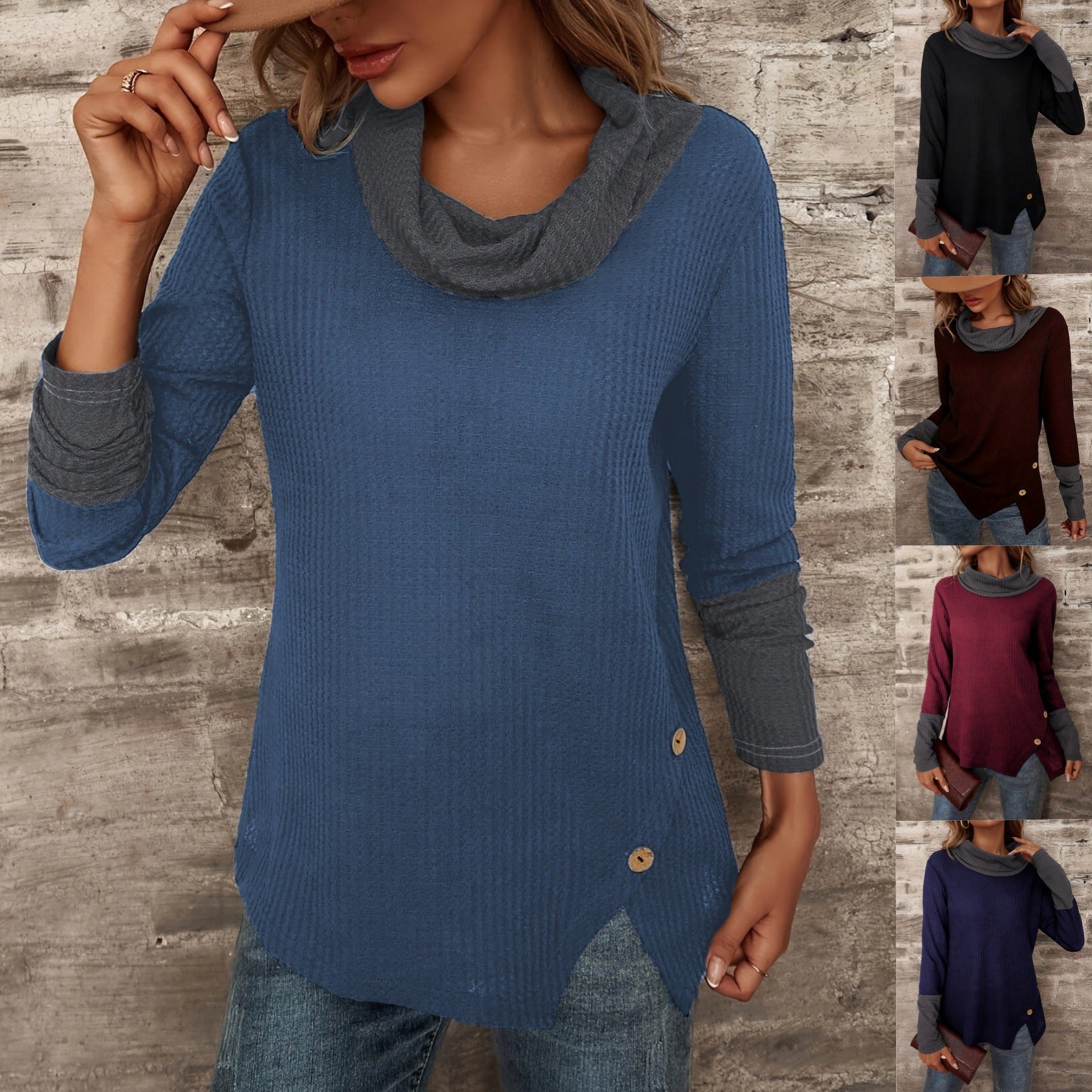 Damen Modischer Pullover mit hohem Kragen und gestreiften Ärmeln R&B