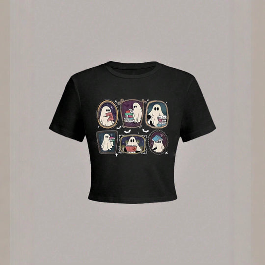 Damen Crop-T-Shirt mit verspieltem Geistermotiv R&B
