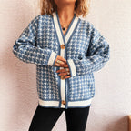 Damen lässiger Strickcardigan mit modischem Hahnentritt-Muster und Holzknöpfen R&B