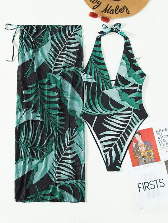 Damen Set aus einem einteiligen Badeanzug mit floralem Design und passendem Sarong R&B