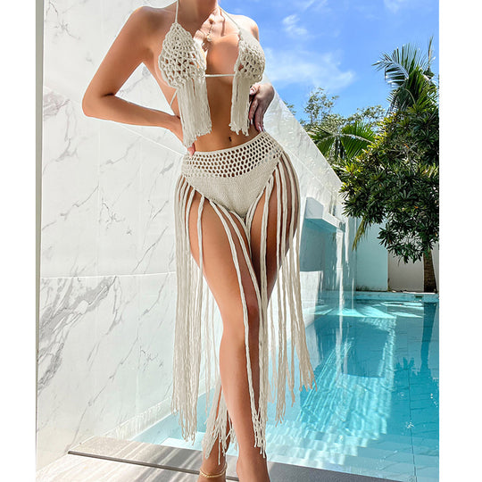 Damen Häkel-Bikini-Set mit fransigen Details und reizvoller Lochstruktur R&B