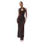 Damen Elegantes Maxikleid mit Chiffon-Rüschen und verführerischem Schlitz R&B