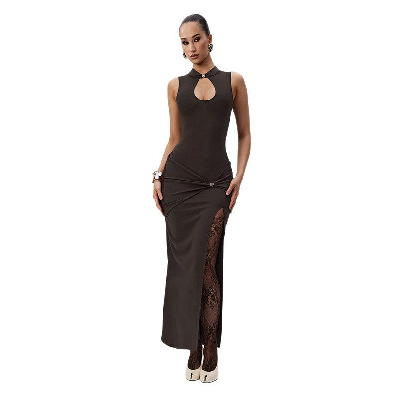 Damen Elegantes Maxikleid mit Chiffon-Rüschen und verführerischem Schlitz R&B