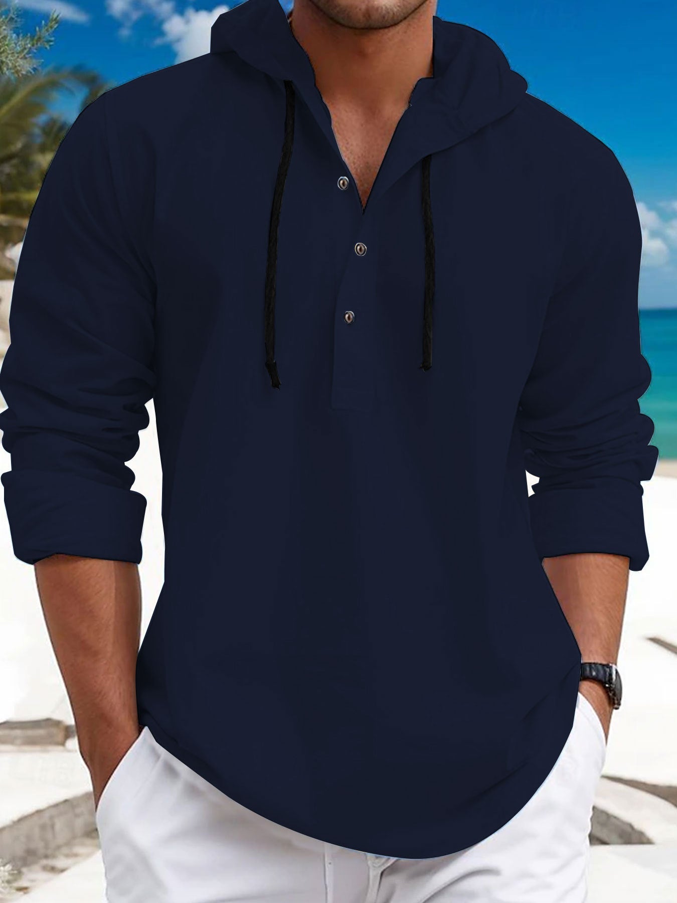 Herren lässiges Kapuzenshirt mit Knopfleiste und atmungsaktiver Struktur R&B