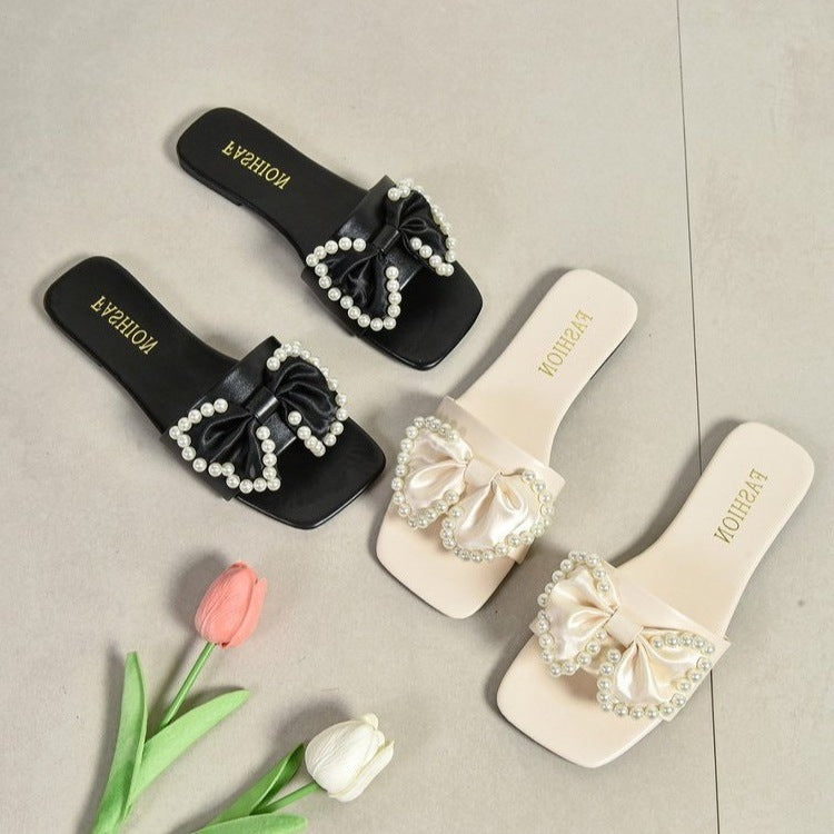 Damen Flauscher Slides mit eleganter Schleifen- und Perlenverzierung R&B