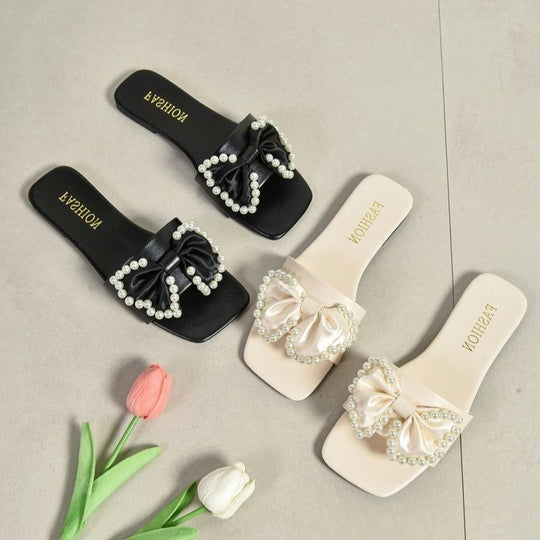 Damen Flauscher Slides mit eleganter Schleifen- und Perlenverzierung R&B