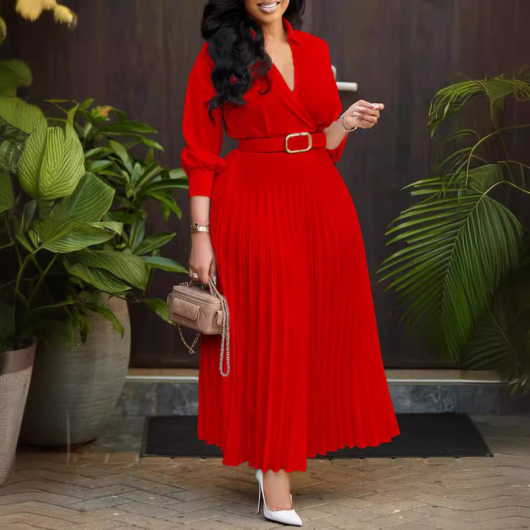 Damen Plissiertes Kleid mit elegantem V-Ausschnitt und Taillengürtel R&B
