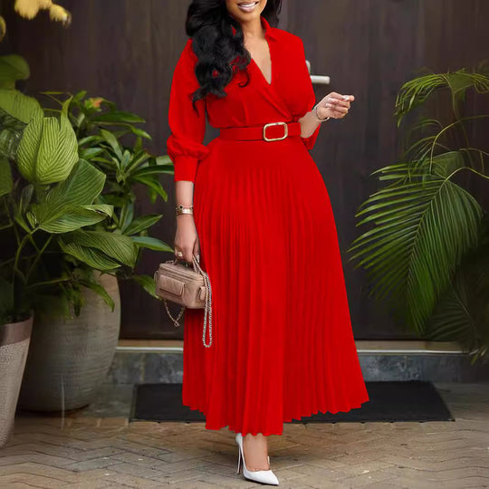 Damen Plissiertes Kleid mit elegantem V-Ausschnitt und Taillengürtel R&B