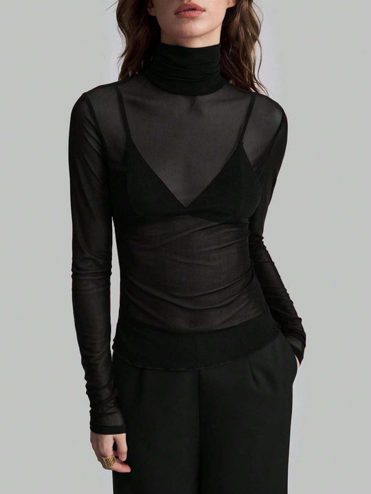 Damen nan feines transparentes Mesh-Langarmtop mit Rollkragen und figurbetonter Passform R&B
