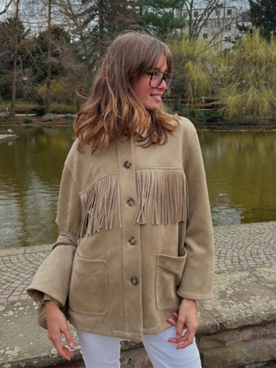 Damen geschmackvolle Kunstlederjacke mit Fransen R&B