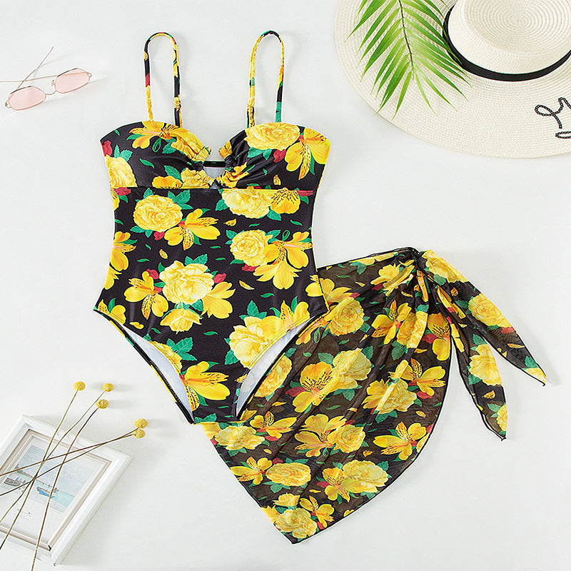 Damen Einteiler Badeanzug mit elegantem Wickelrock und floralem Muster R&B