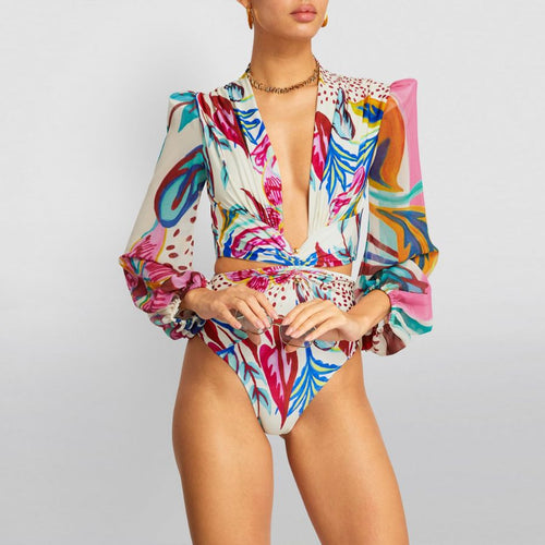 Damen Bikiniset mit langärmliger Bluse und trendy Muster R&B