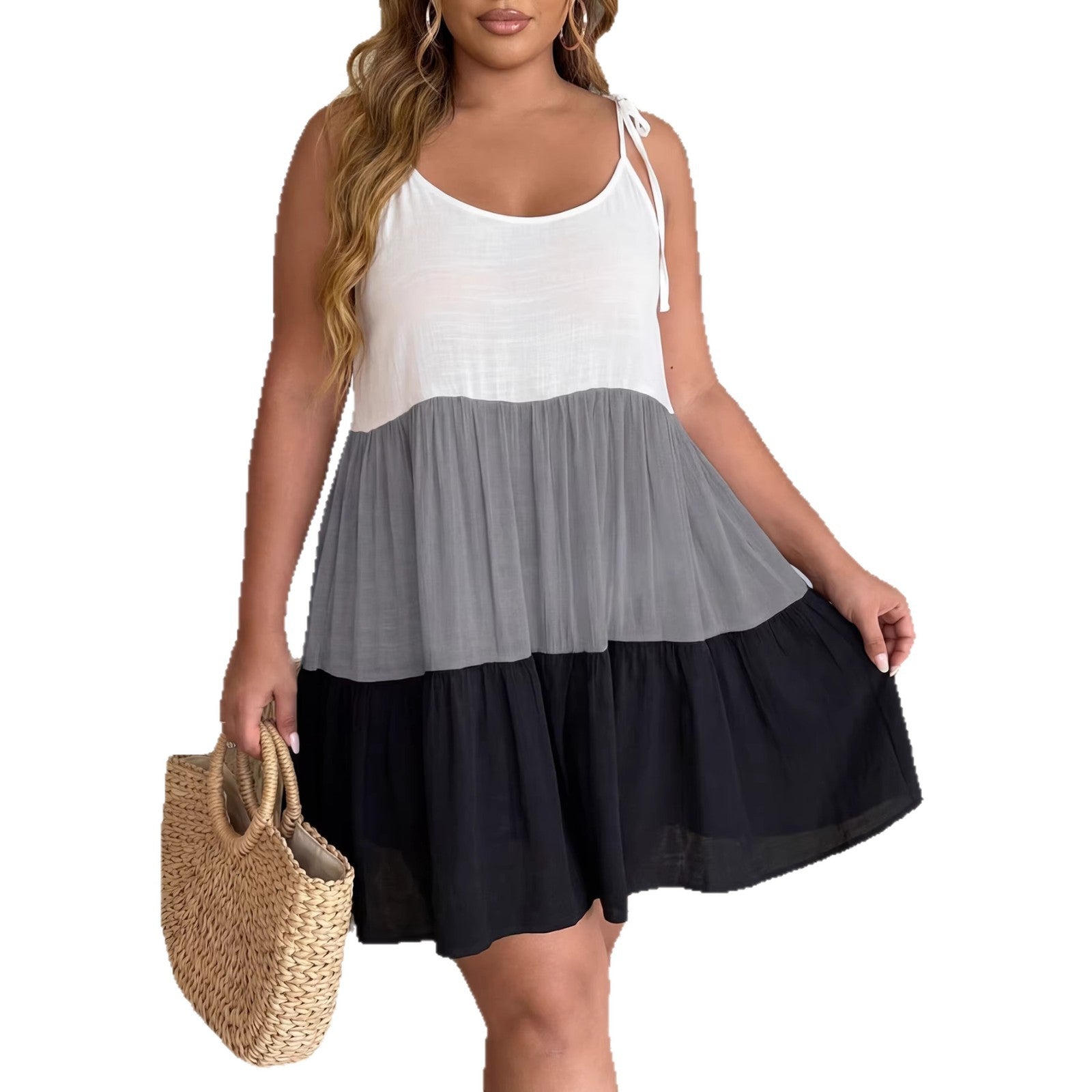Damen luftiges Sommerkleid mit mehrfarbigen Rüschen und verstellbaren Trägern R&B
