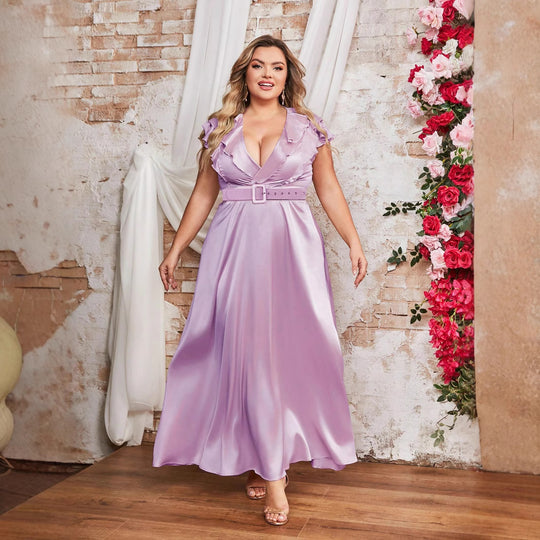 Damen Elegantes Maxikleid mit Rüschendetails und taillierendem Gürtel R&B