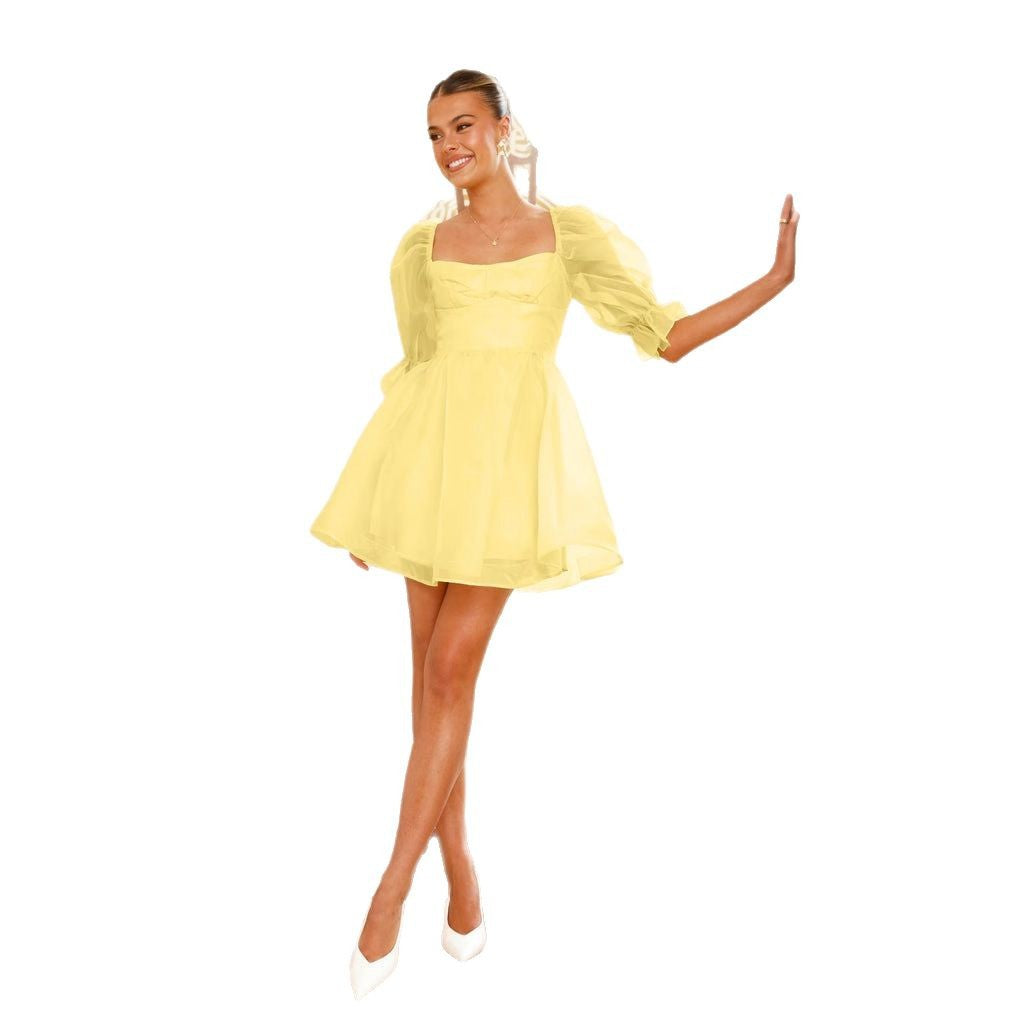 Damen Verspieltes Kurzkleid mit Puffärmeln und quadratischem Ausschnitt R&B