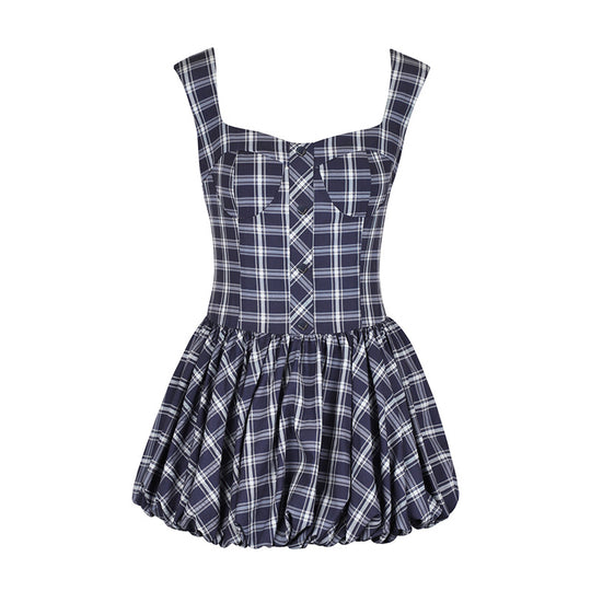 Damen Midikleid mit karierter A-Linien Silhouette und schulterfreien Trägern R&B