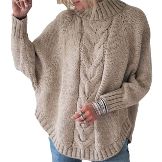 Damen Oversize Strickpullover mit hochgeschlossenem Kragen und detailliertem Zopfdesign R&B