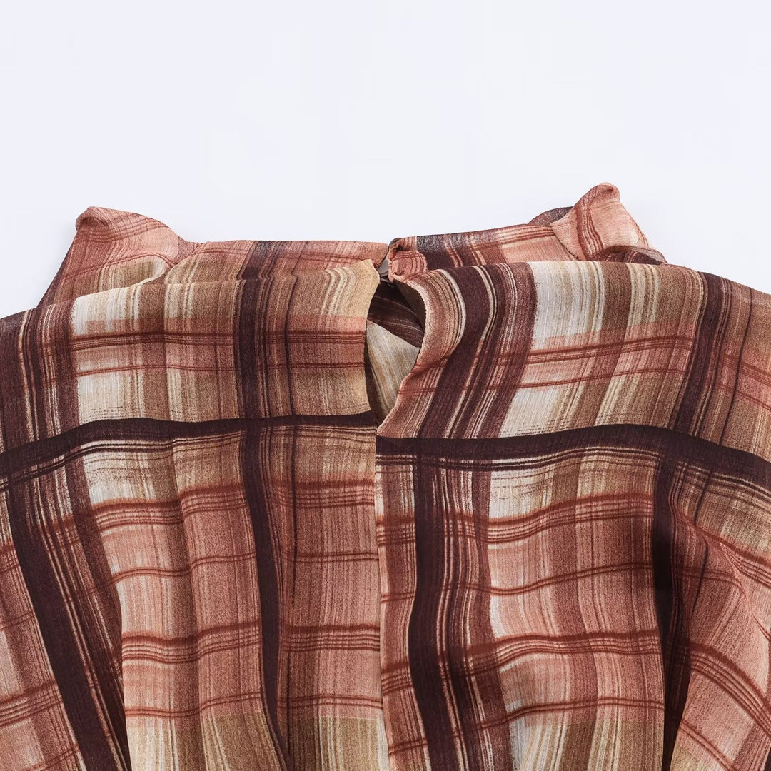 Damen Langarm Kleid im karierten Design mit asymmetrischem Saum und Bindegürtel R&B