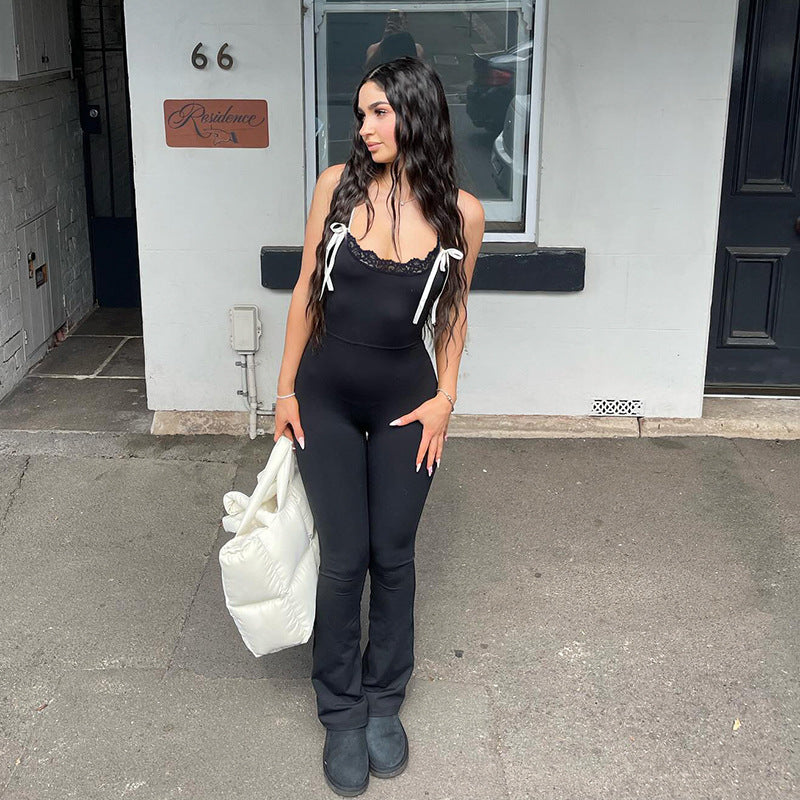 Damen Eleganter Jumpsuit mit Spitze und weitem Beinsaum R&B