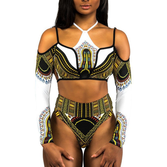 Damen Crop-Top Bikini mit langen Ärmeln und innovativem Muster R&B