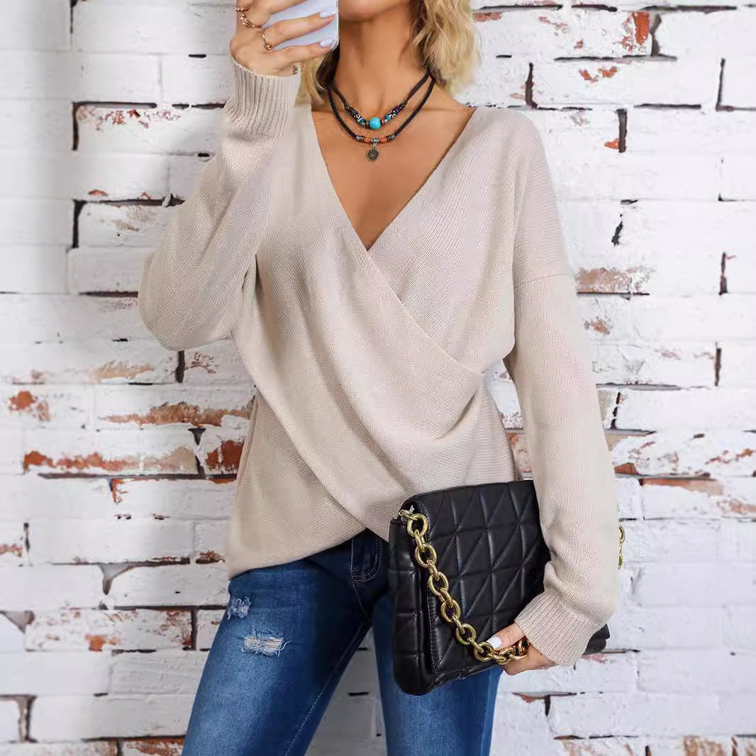 Damen Wickelpullover mit V-Ausschnitt und weitem Schnitt R&B