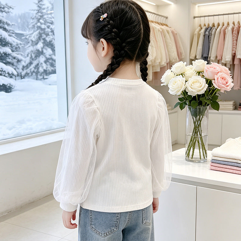 Mädchen elegante Rüschenbluse mit transparenter Tüllverzierung R&B