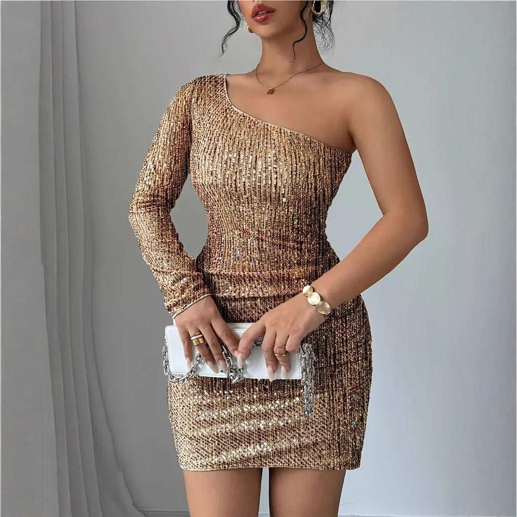 Damen Glitzerndes Cocktailkleid mit asymmetrischem Träger und Raffungen R&B
