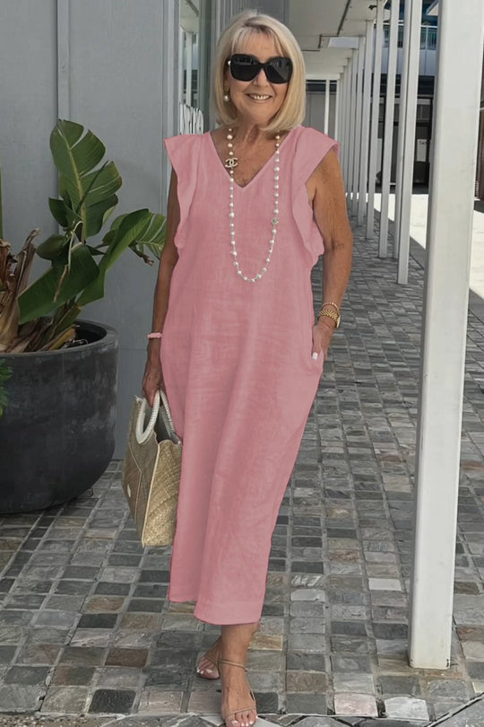 Damen Maxikleid mit V-Ausschnitt und angeschnittenem Ärmel R&B