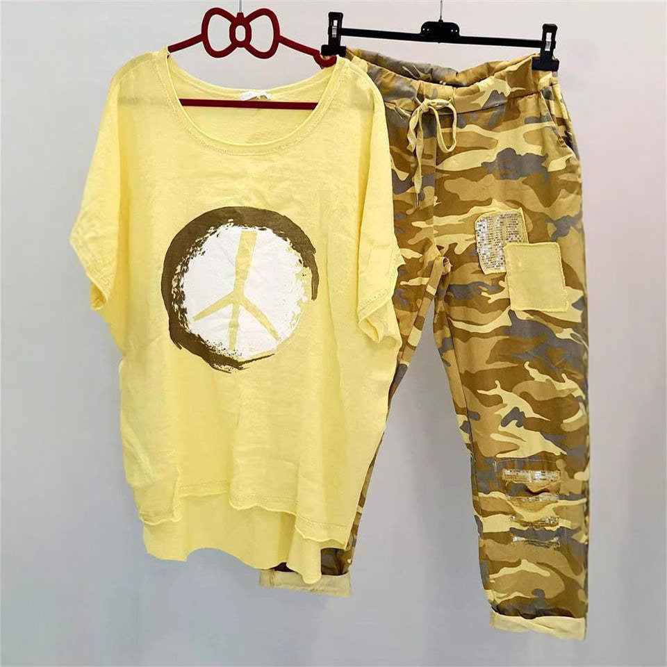 Damen nan lässiges Freizeit-Zweiteiler mit weit geschnittenem Leinenoptik-Shirt, Peace-Symbol und Camouflage-Jogpant mit Patchdetails R&B