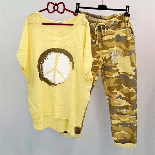 Damen nan lässiges Freizeit-Zweiteiler mit weit geschnittenem Leinenoptik-Shirt, Peace-Symbol und Camouflage-Jogpant mit Patchdetails R&B